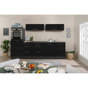 Respekta Premium Inselküche, 280 cm, Schwarz Hochglanz/Eiche Grau, mit E-Geräten.