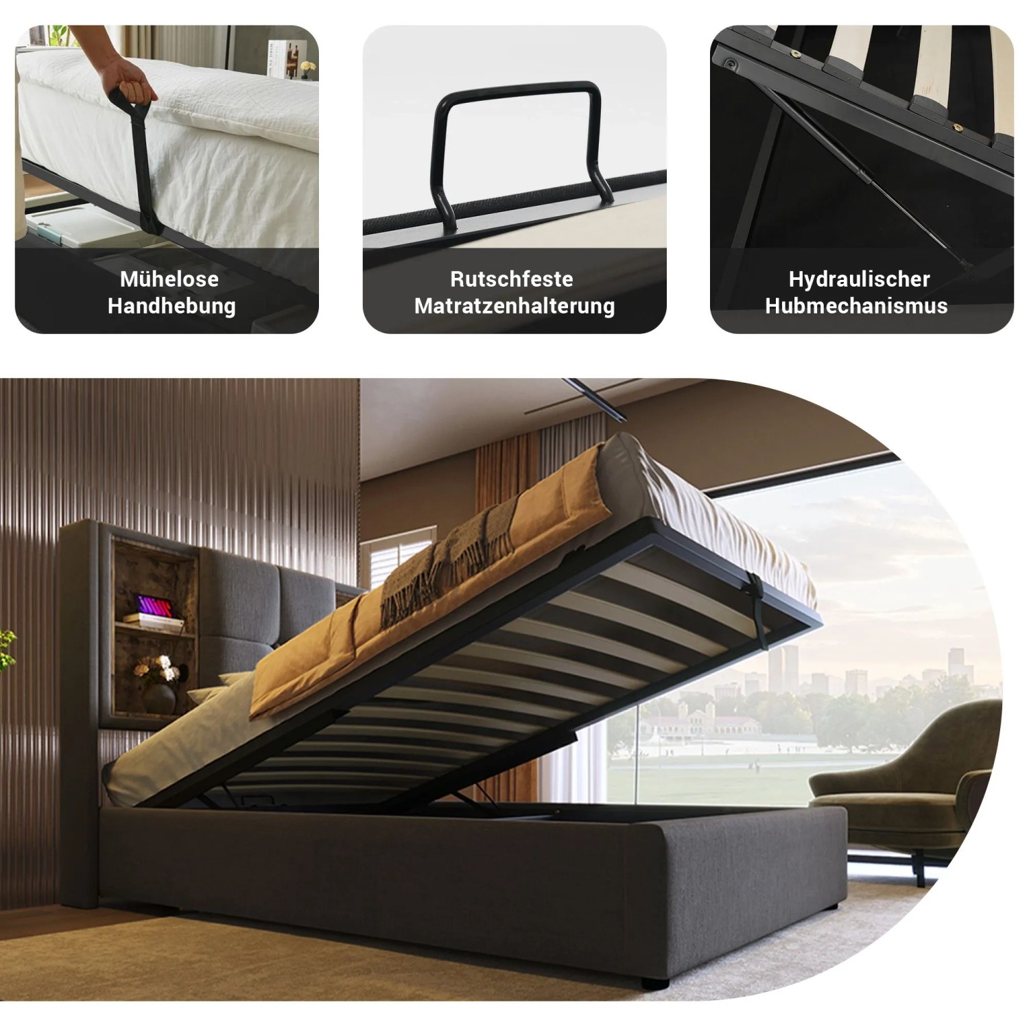 okwish Polsterbett 90x200cm mit USB C Laden Schlafzimmer Grau Leinen ohne Matratze_8