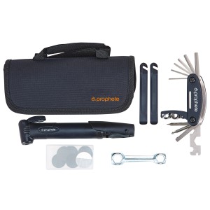 Prophete Fahrrad Reparatur-Set mit Minipumpe, Reifenheber, Multitool, Kopfschlüssel und Flicken.