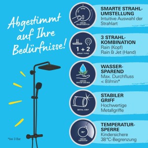 Grohe Vitalio Comfort 250 Duschsystem mit Thermostat für Wandmontage, Abgangsbogen.