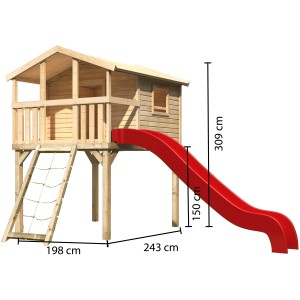 Karibu Stelzenhaus Benjamin mit roter Rutsche, Netzrampe und Leiter aus naturbelassenem Holz.