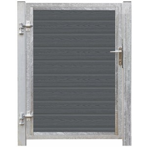 Einzeltor Artura WPC schiefergrau mit verzinktem Pfosten, Ansicht von vorn.