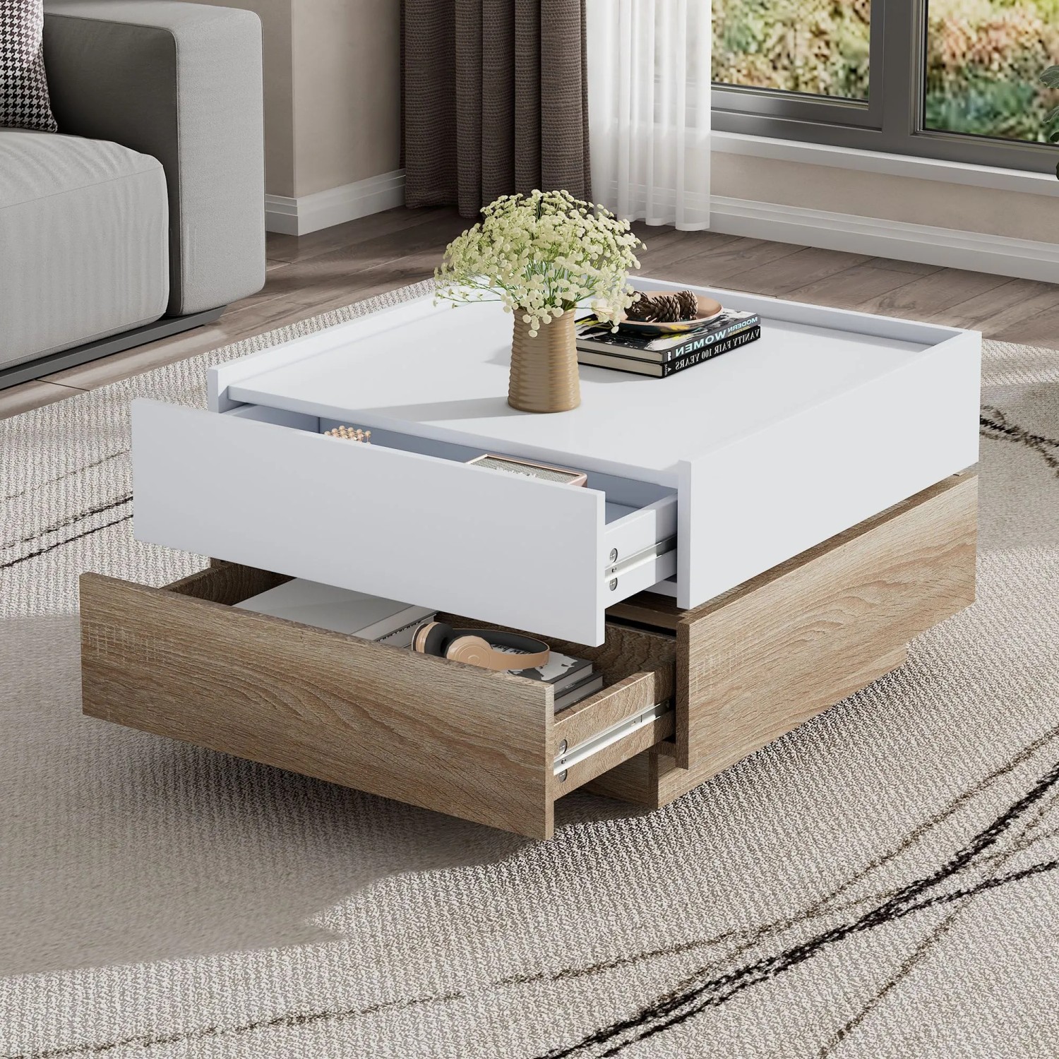 Merax Couchtisch Drehbar mit Stauraum 2 Etagen Weiß Walnussoptik kaufen bei OBI