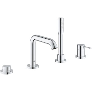 Grohe Essence 4-Loch Wannenarmatur in Chrom: Einhandmischer, Auslauf, Handbrause und Umstellung.
