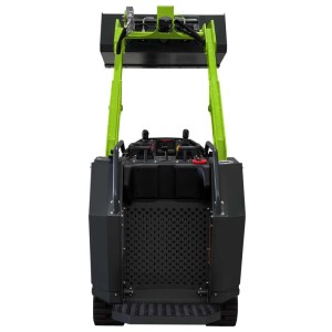 Zipper Minikompaktlader ZI-MKL1450 in Grün-Schwarz, Frontansicht mit Schaufel und Bedienelementen für Bauarbeiten.
