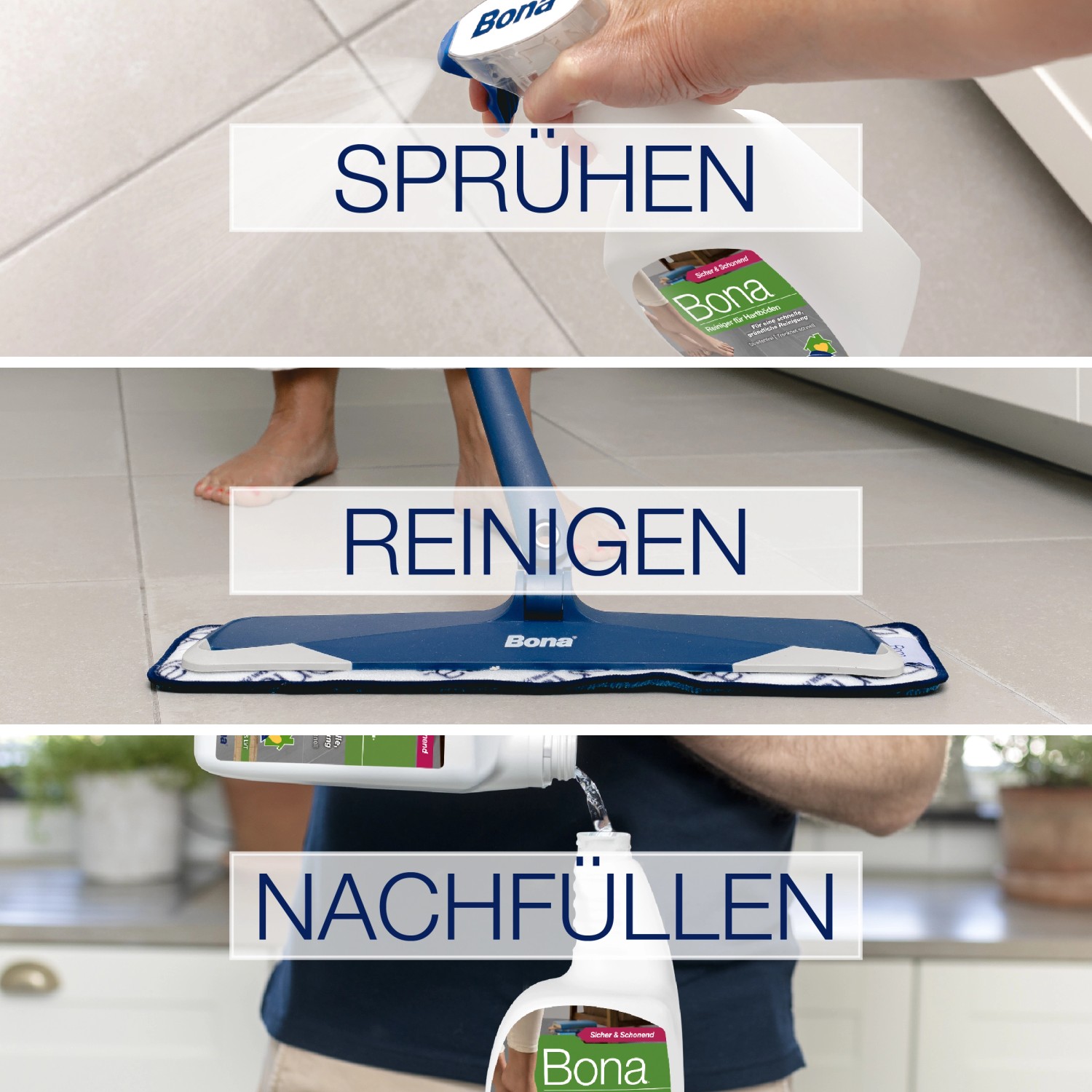 Bona Stein-, Fliesen- und Laminatreiniger Spray 1 l: Anwendung in 3 Schritten (Sprühen, Reinigen, Nachfüllen).