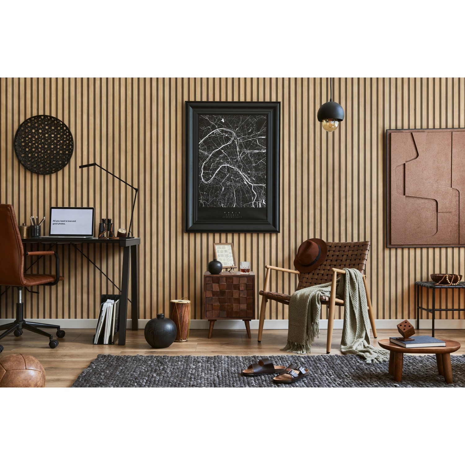 Wohnraum mit Grosfillex Wandverkleidung Element 3D Optik Linio Bamboo als Akzentwand.