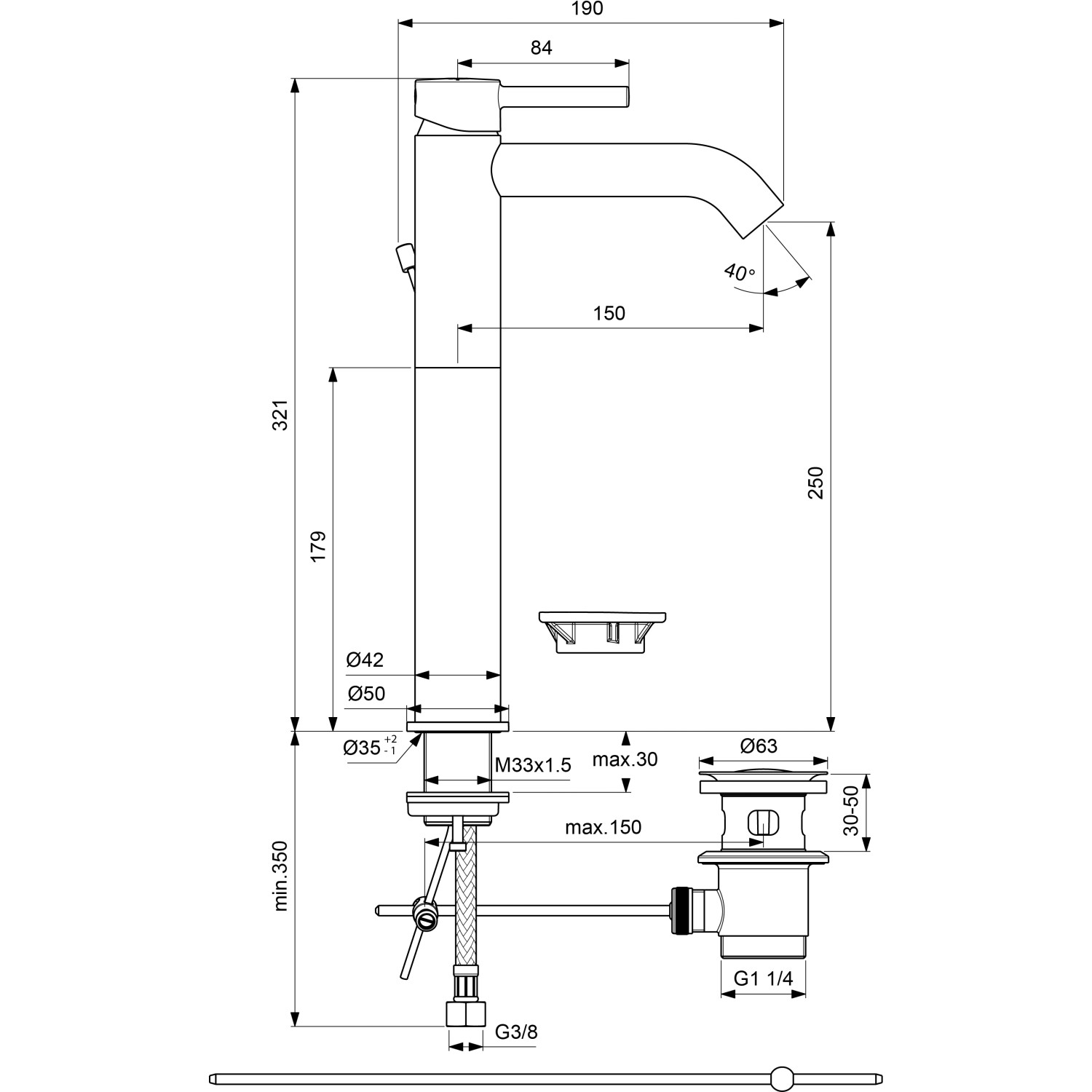Technische Zeichnung: Ideal Standard Ceraline Waschtischarmatur, Silk Black, mit Maßen und Ablaufgarnitur.