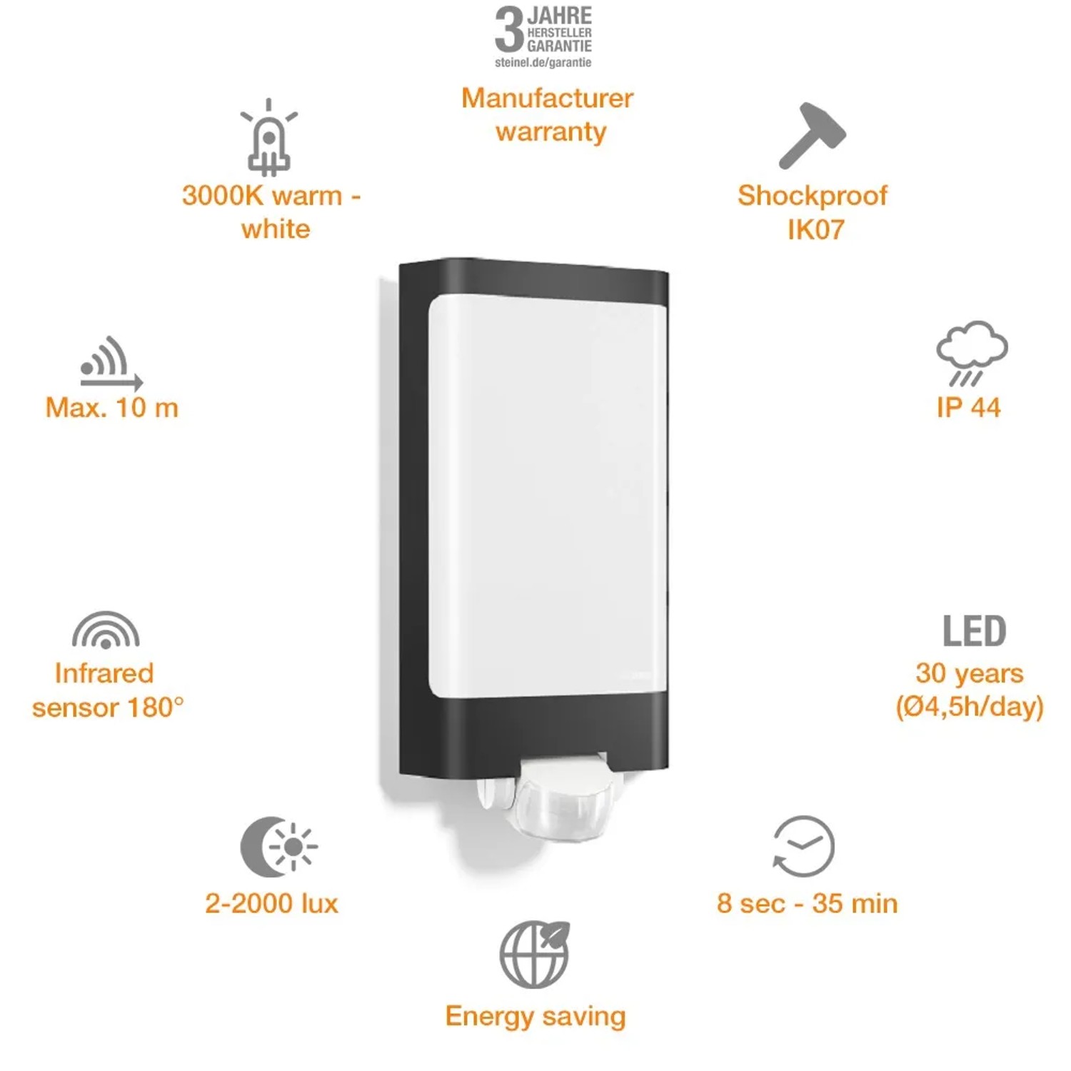 Steinel LED-Außenleuchte L 240 S Anthrazit mit Bewegungsmelder, vertikales Design.
