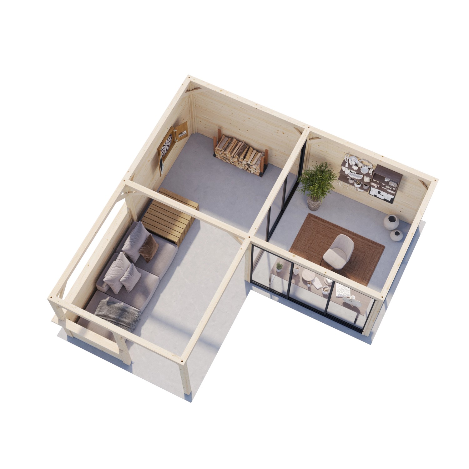 Palmako Pavillon Bianca Set, 588x588 cm, weiß lackiert. Ansicht von oben mit Einrichtung.