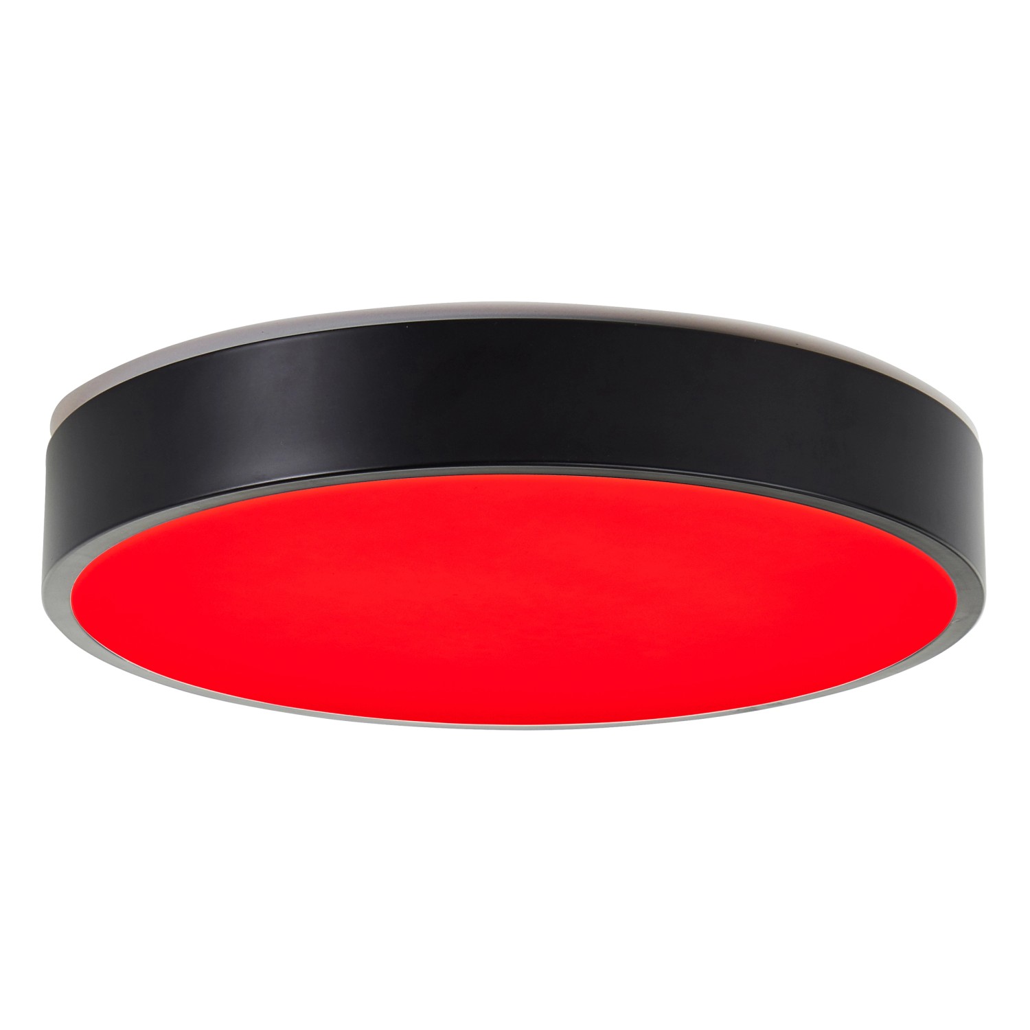 Smarte LED-Deckenleuchte Vadin, schwarz/weiß, Ø 33cm mit rotem Licht.