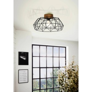 Eglo Deckenleuchte Padstow, 1-flammig, schwarz-natur. Vintage Deckenlampe mit geometrischem Drahtschirm und Holzbaldachin.
