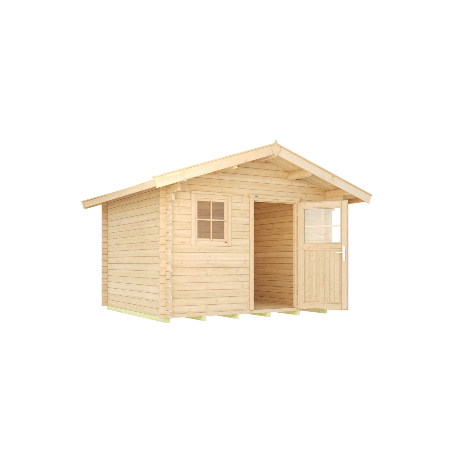 Unbehandeltes Weka Holz-Gartenhaus Brescia mit Satteldach, 300x370 cm. Naturholz mit Fenster und offener Doppeltür.