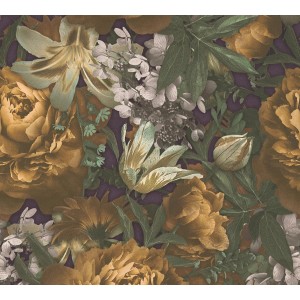 A.S. Création Vliestapete mit Blumenmuster in Bunt und Gelb für eine tropische Wandgestaltung.