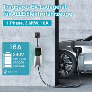 Junsun Typ 2 EV Ladegerät 3.6kW 16A lädt ein Elektroauto. Tragbares Wandladegerät mit Anzeige.