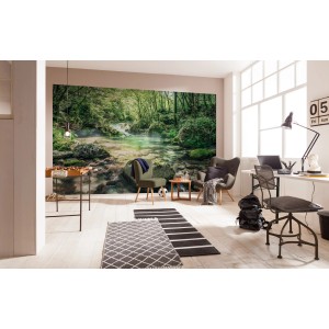 Komar Vlies Fototapete Tranquil Pool (400x250 cm) im Wohnraum mit Bachlauf und grüner Natur.