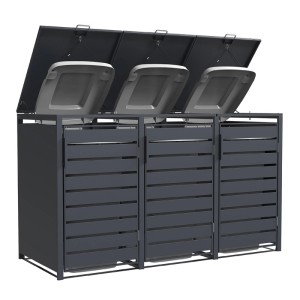 Weka Metall-Mülltonnenbox Gary für 3 Tonnen in Anthrazit, mit geöffneten Deckeln.