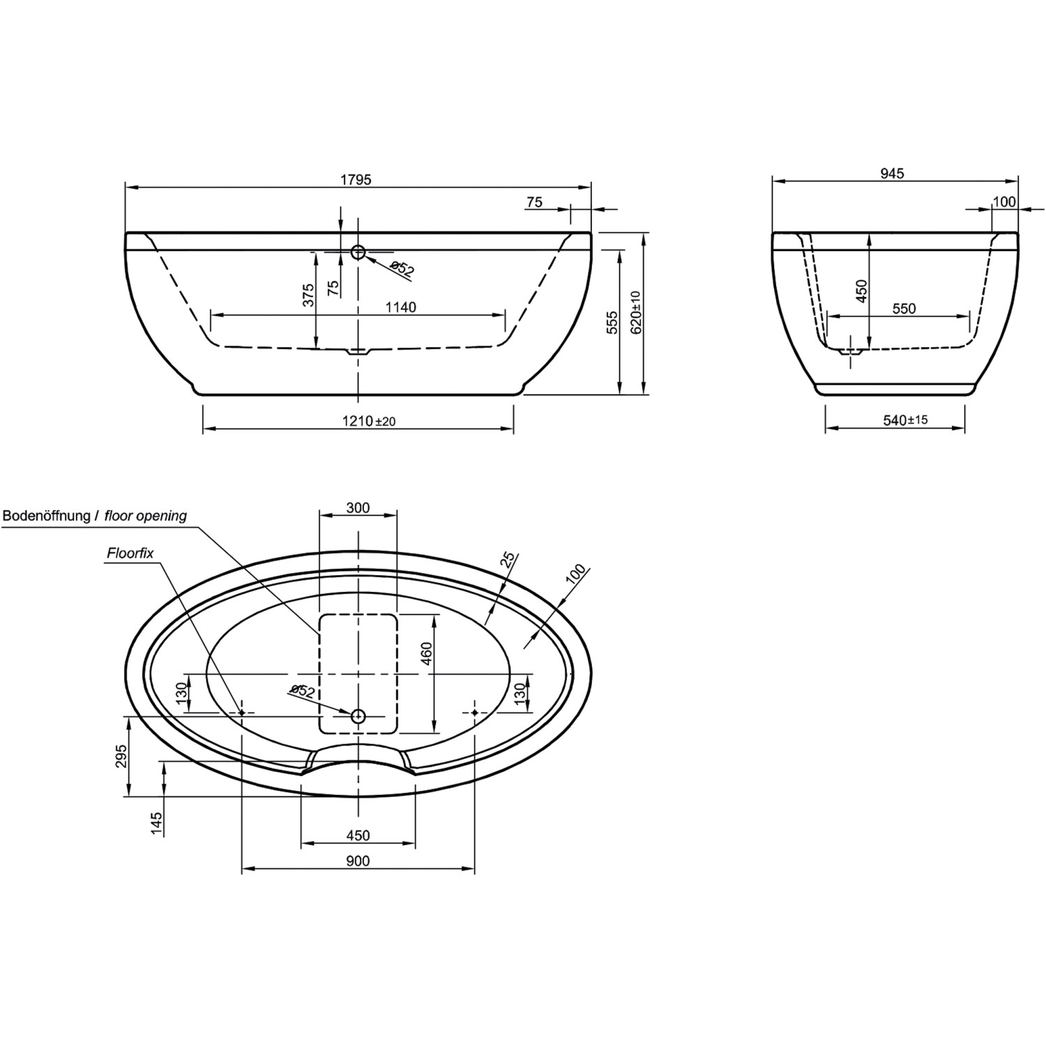 Technische Zeichnung: Ottofond Whirlpool Luna, 179,5x94,5 cm, Maße und Details für Installation.