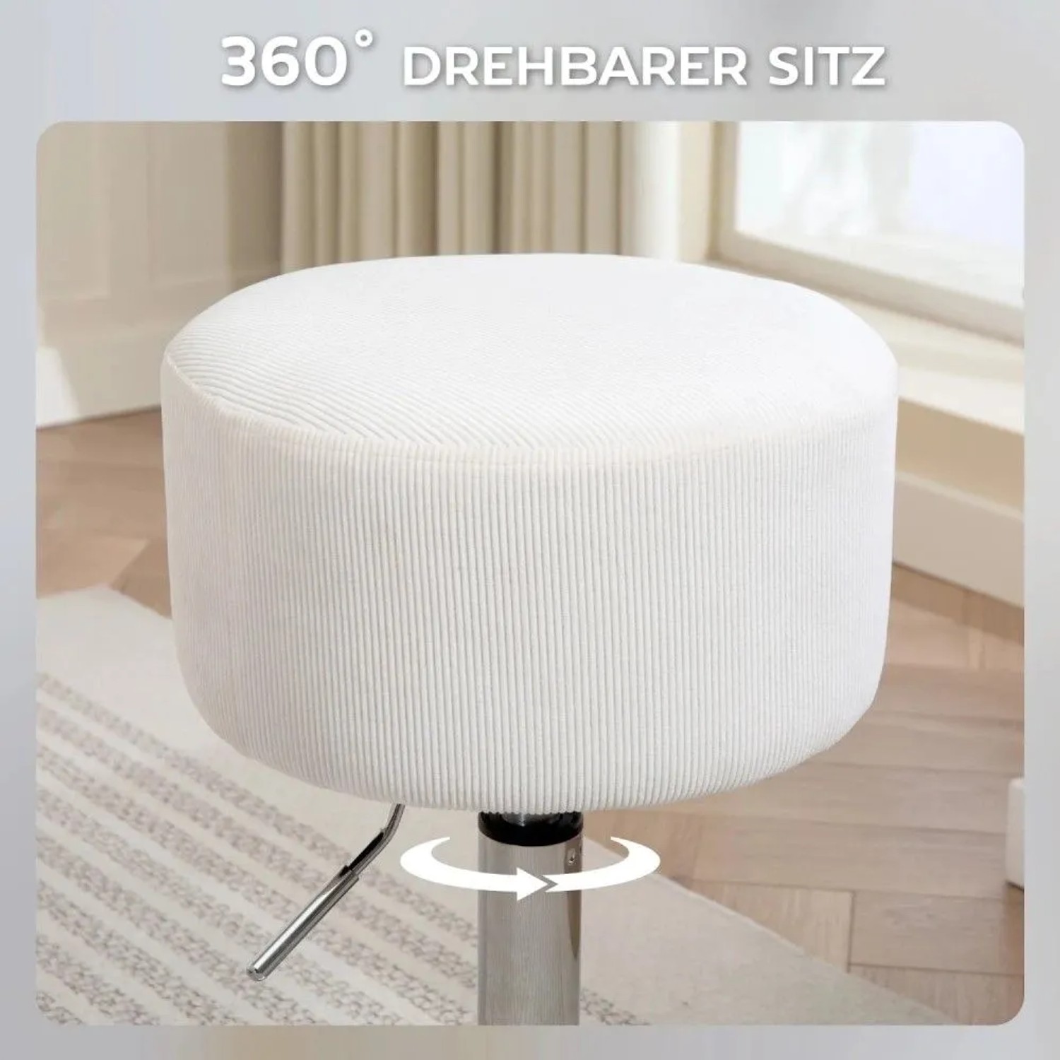 Weißer, runder Barhocker mit geripptem Cord-Sitz und 360° drehbarer Funktion auf Metallgestell. Ideal für Küche.