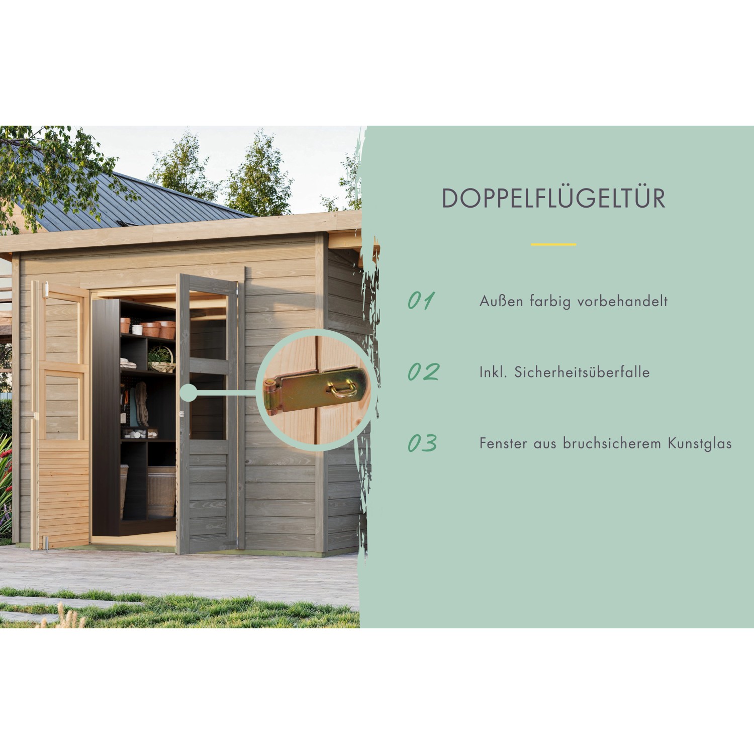 Karibu Gartenhaus Vellinge 2, vorvergraut, mit Doppelflügeltür und Sicherheitsüberfalle.