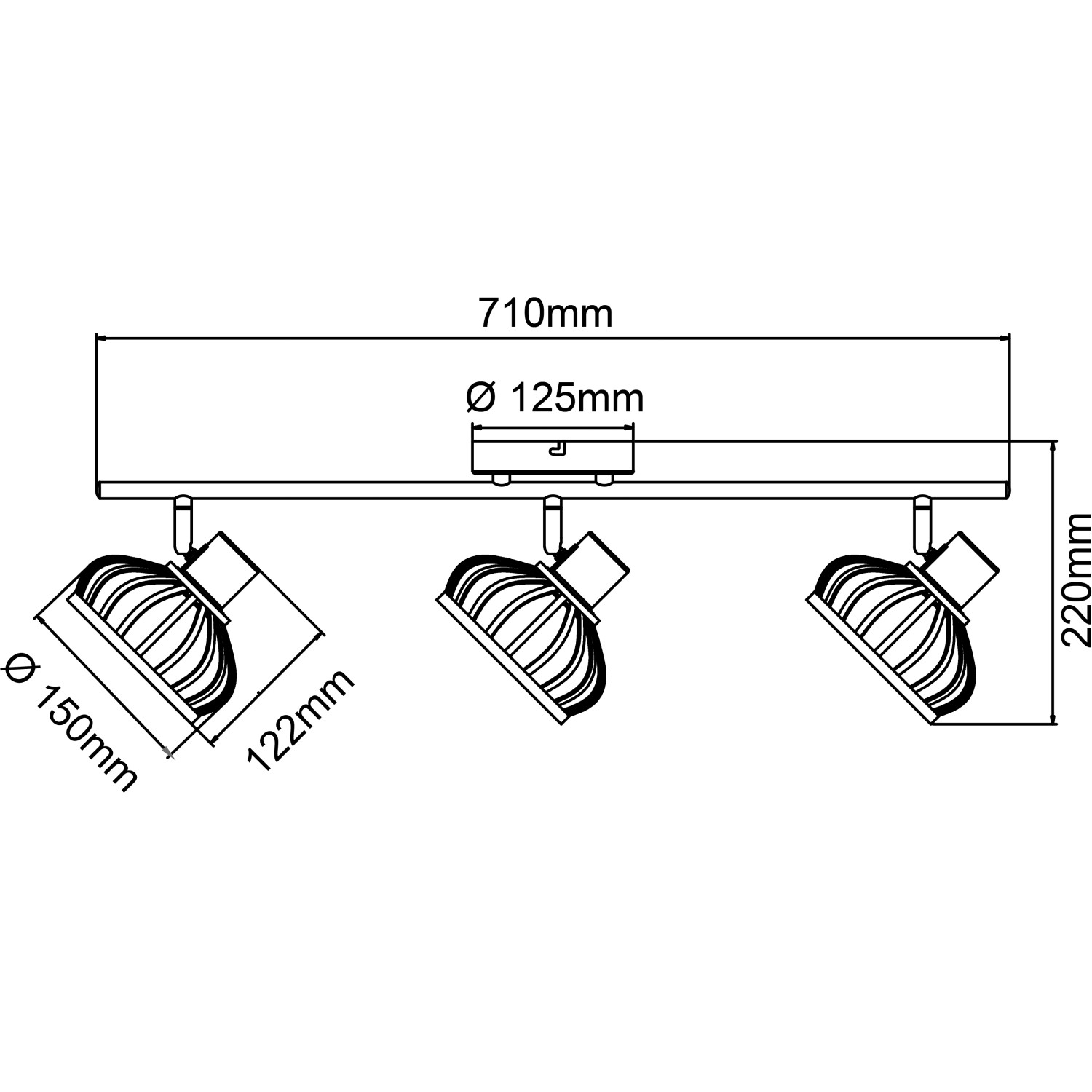 Technische Zeichnung: Schwarzer Brilliant Spotbalken Norah, 3-flammig, mit Maßen.