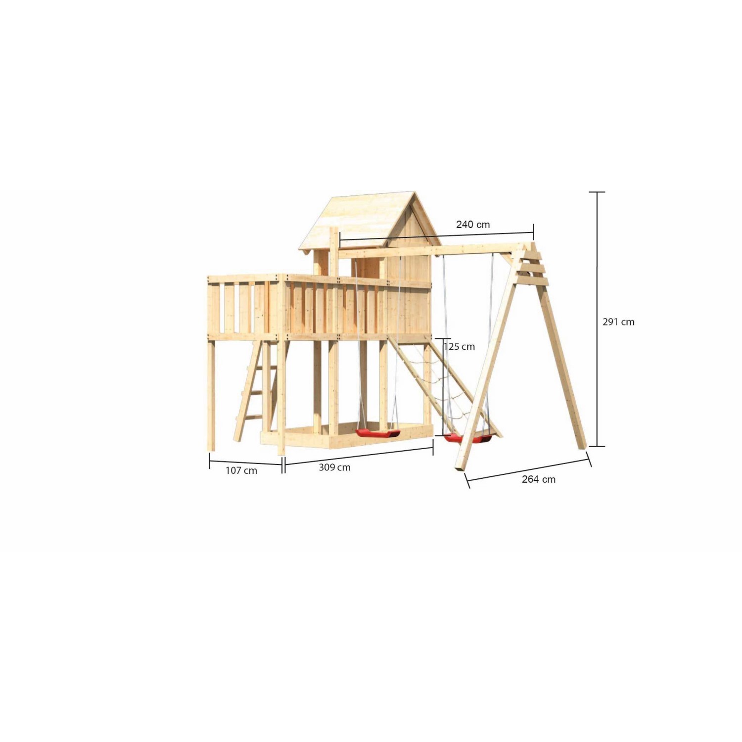 Karibu Stelzenhaus Frieda mit Doppelschaukel, Anbauplattform und Netzrampe aus Holz, mit Maßangaben.