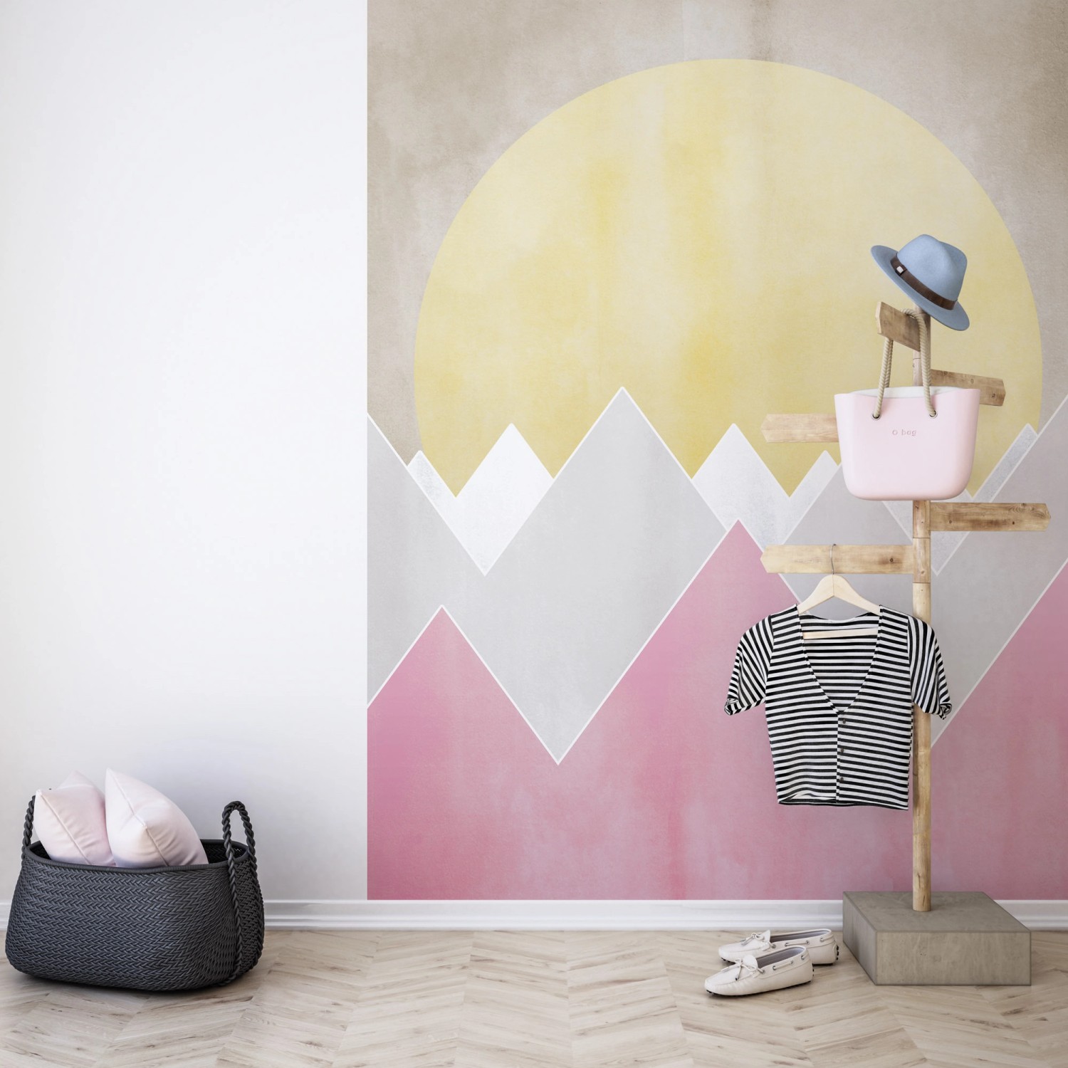 Komar Vlies Fototapete Sunrise Spring mit rosa Bergen und gelber Sonne, 200x250 cm.