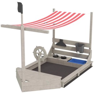 Grauer Sandkasten in Piratenschiff-Form aus Holz mit rot-weißem Sonnendach, Steuerrad und Küchen-Spielset für Kinder.