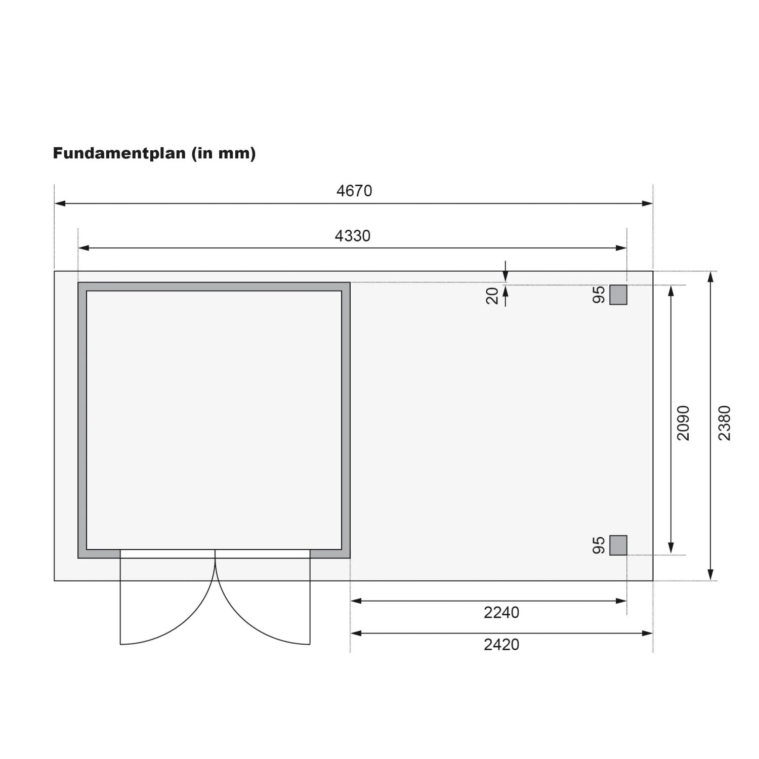 Fundamentplan Karibu Express Gartenhaus Speedy A mit Anbaudach. Zeigt Grundriss, Maße und Details in mm.