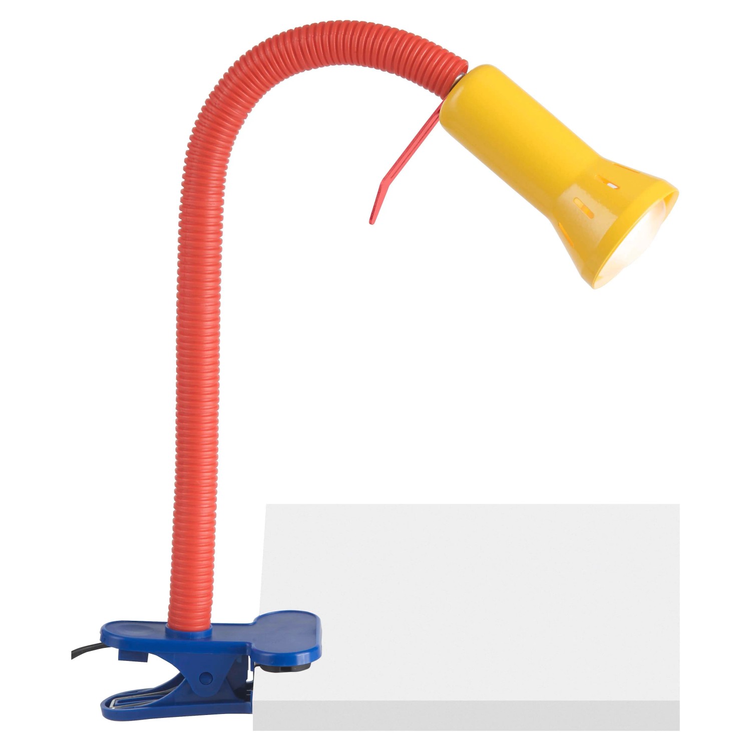 Gelb-rote Klemmleuchte Füssen mit flexiblem Arm und blauer Klemme für Schreibtisch oder Regal.