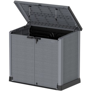 Geöffnete Duramax StoreAway Universalbox 1200 l in Anthrazit, ideal zur Aufbewahrung im Garten.