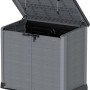 Geöffnete Duramax StoreAway Universalbox 1200 l in Anthrazit, ideal zur Aufbewahrung im Garten.