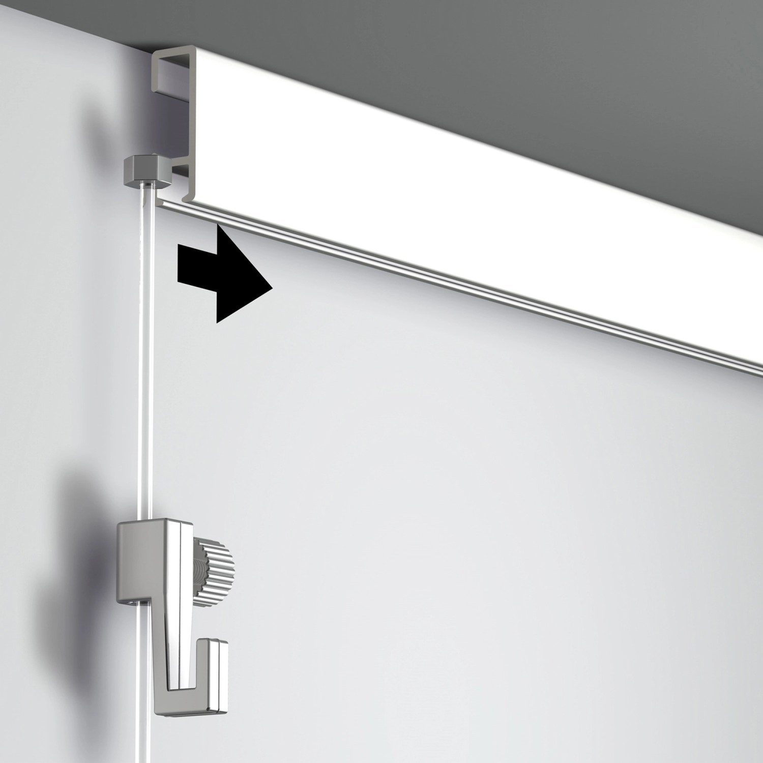 Artiteq Aufhängeschnur mit Haken an Bilderschiene. Perlonseil transparent, Haken silberfarben.