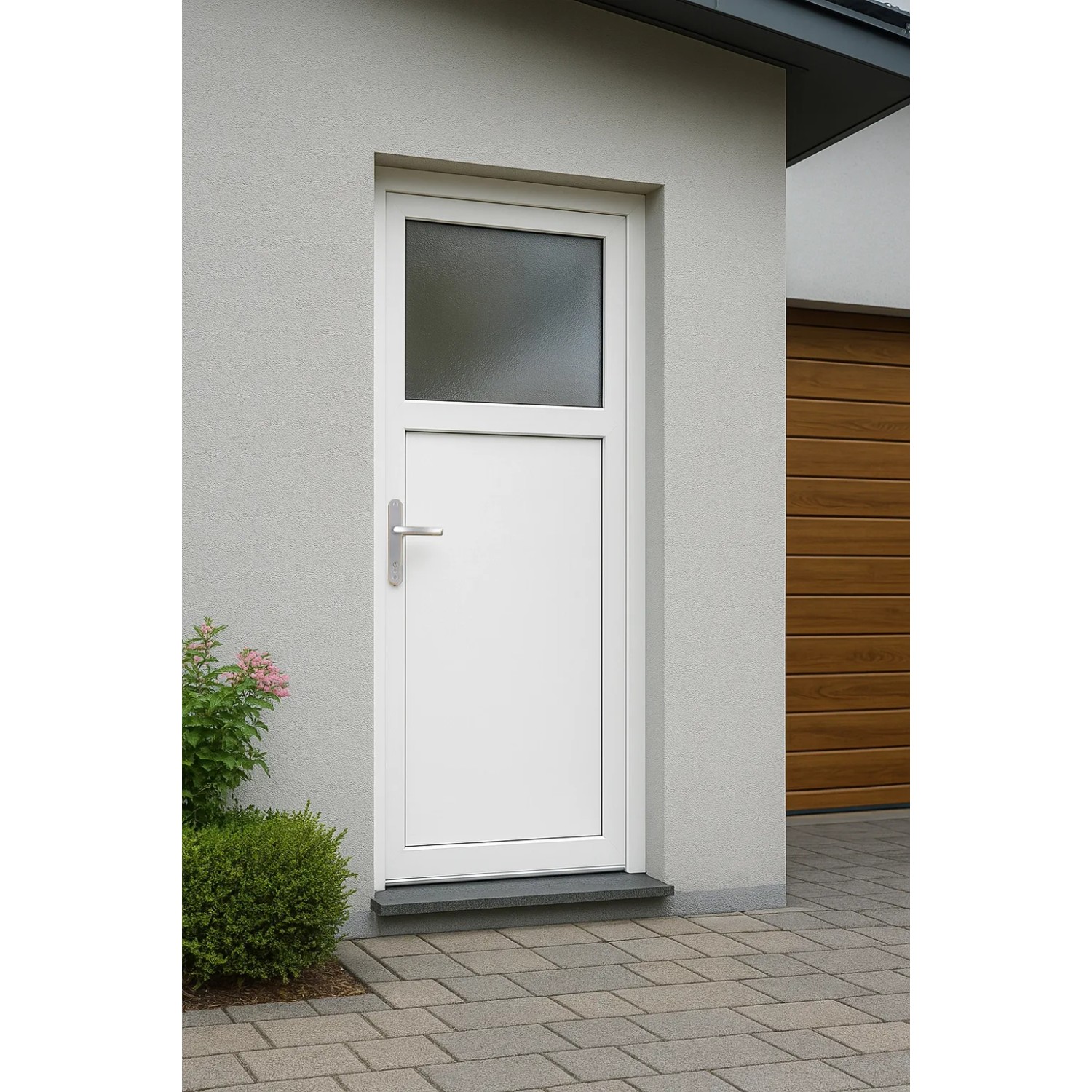Weiße Nebeneingangstür K301-88 mit Glasausschnitt, Anschlag links, 88x198 cm.
