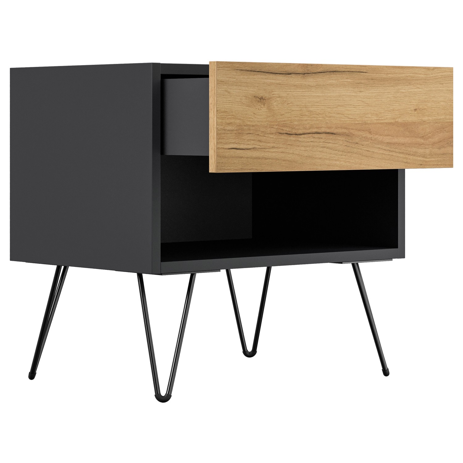 Posseik Nachttisch-Set Industrial B, 2-teilig, Grafit/Eiche, mit offenen Schublade und Ablagefach.