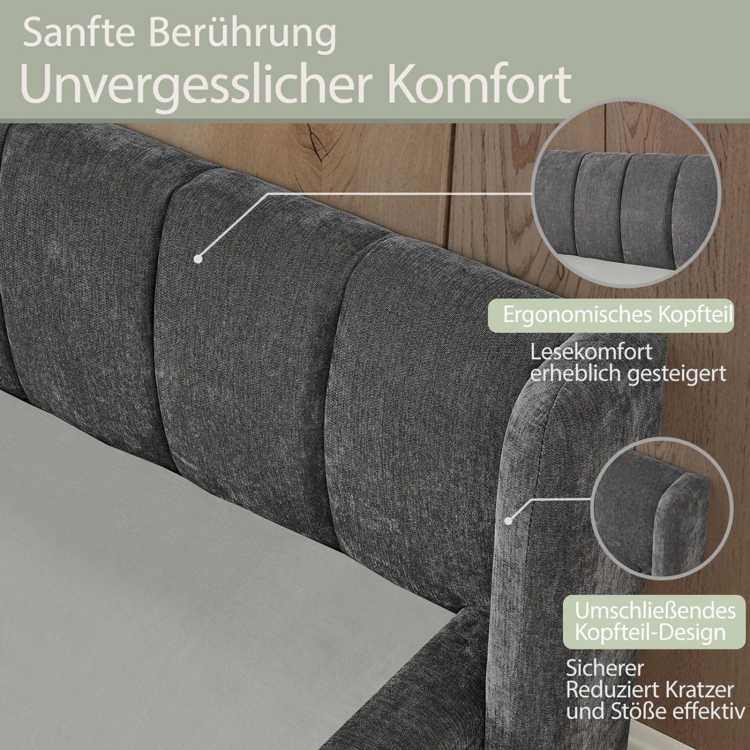 okwish Einzelbett 90x200cm mit Rückenlehne Chenille Kinderzimmer Grau ohne Matratze_7