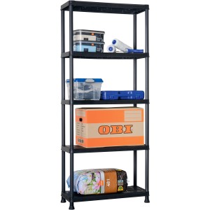 Schwarzes OBI Kunststoffregal S-75 mit 5 Böden, 176x74x32 cm. Ideal zur Aufbewahrung.