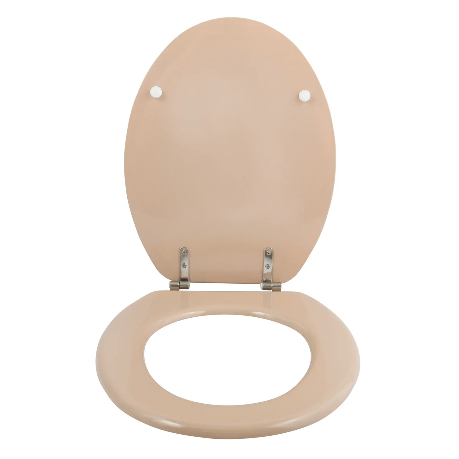 MSV WC-Sitz Cleo, MDF, beige, mit Edelstahlscharnieren, geöffnet.