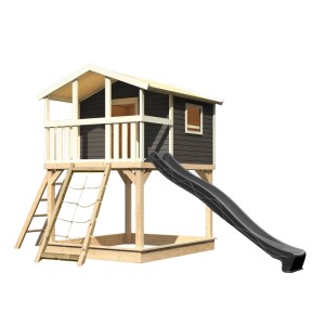 Karibu Stelzenhaus Benjamin mit Rutsche u. Netzrampe Natur-Grau