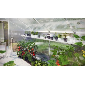 KGT Hängebord Jasmin II im Gewächshaus mit Pflanzen und Töpfen.