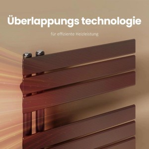 Detailansicht des schwarzen Emke Badheizkörpers mit Überlappungstechnologie für effiziente Heizleistung. Flacher Handtuchwärmer.