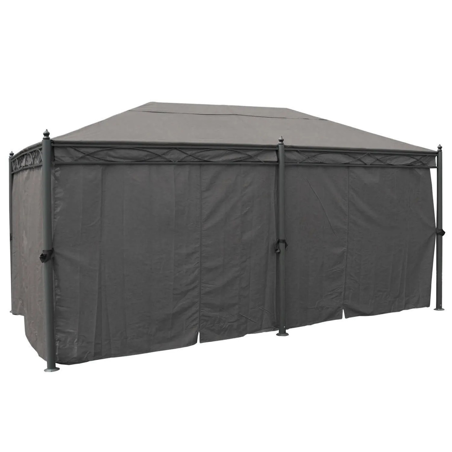 Graue MCW Pergola Calpe 5x3m mit Seitenwand und Moskitonetz.