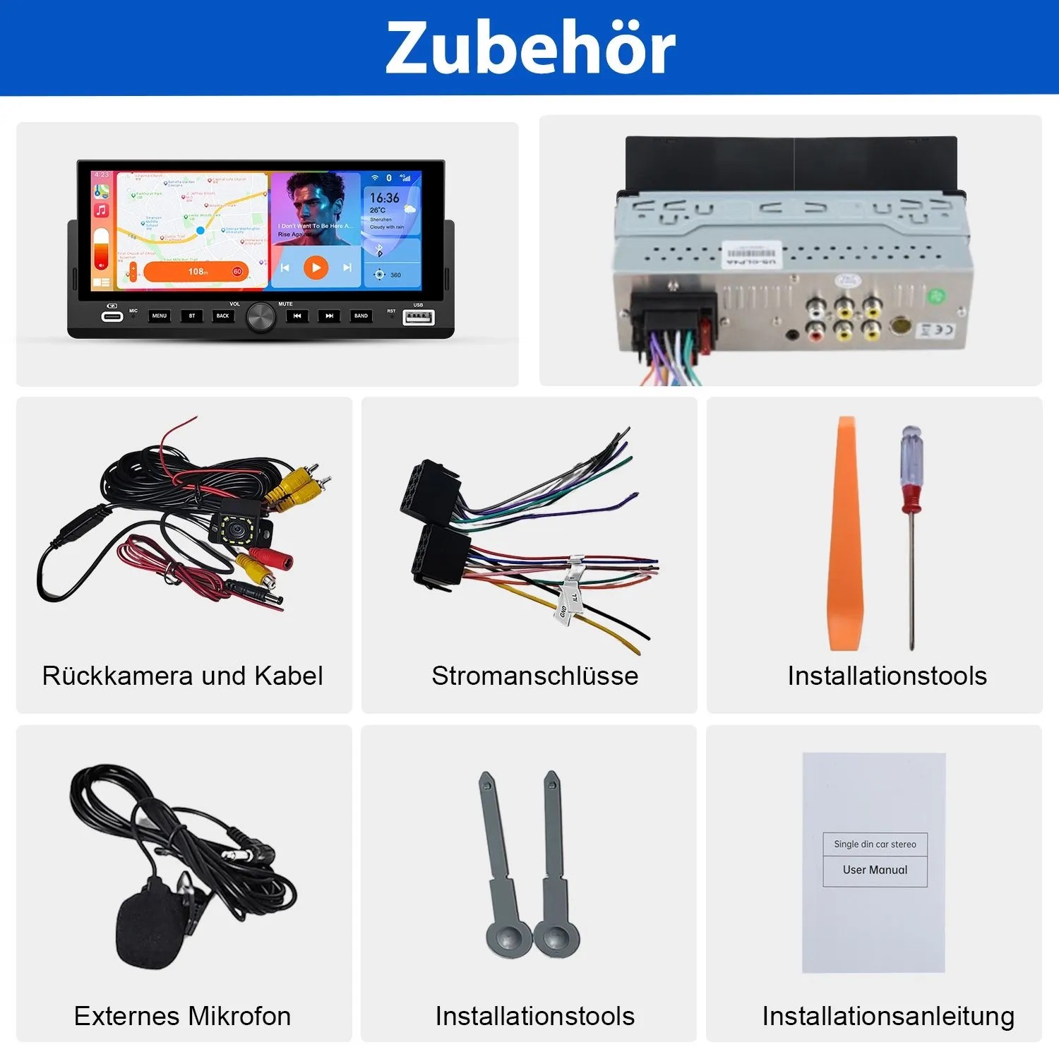 Junsun 1 DIN 7 Zoll Autoradio Carplay Display Zubehör: Rückfahrkamera, Stromkabel, Mikrofon, Installationswerkzeuge, Anleitung.
