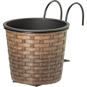 Brauner Balkon-Pflanztopf aus Polyrattan mit Halterung zum Aufhängen.