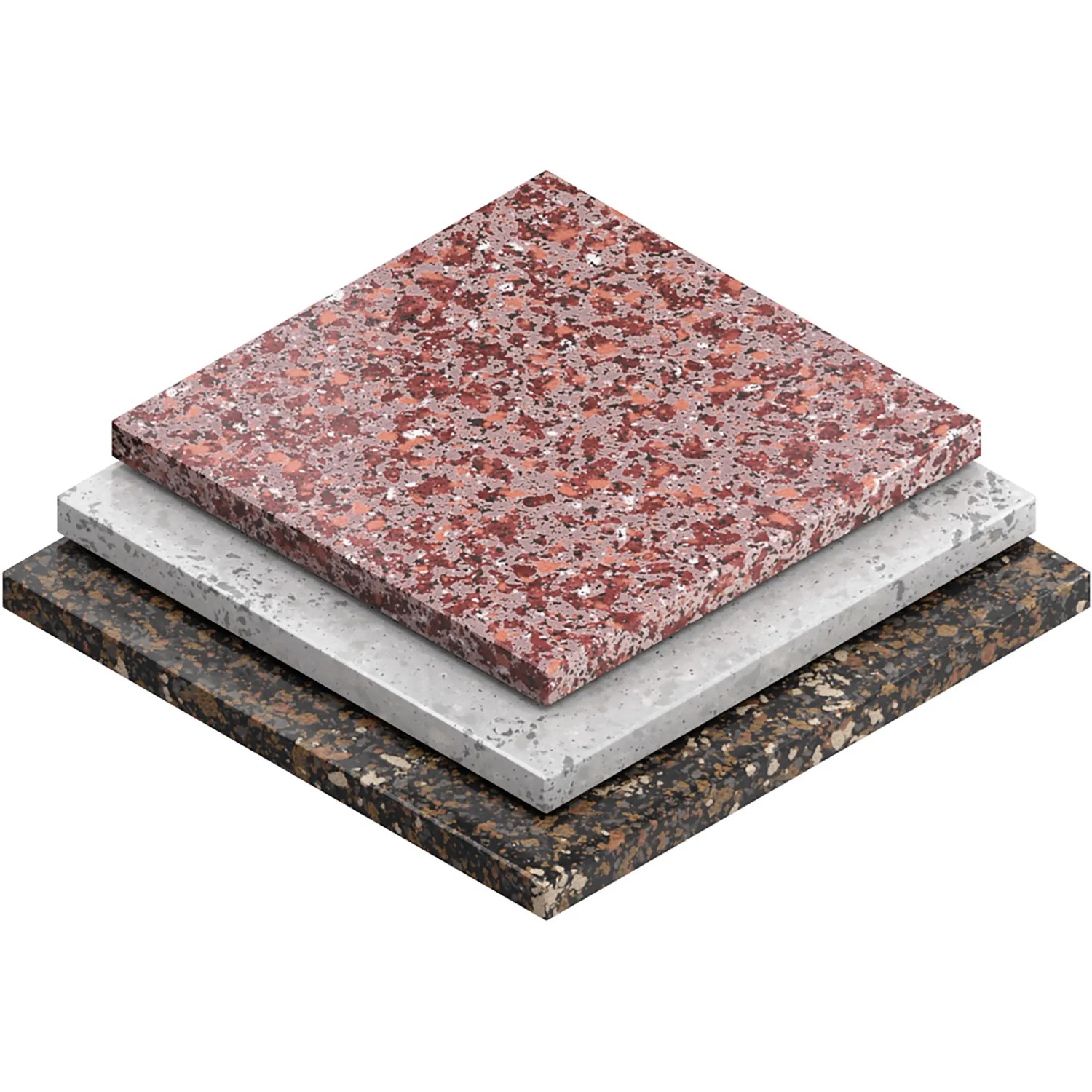 Drei Betonbohrer mit unterschiedlichen Oberflächen: rot, grau und braun.