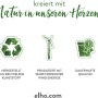 Grafik: Elho Logo mit Icons zu Herstellung aus Rezyklat, Windenergie und Qualität.
