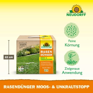 Neudorff Rasendünger Moos- und Unkrautstopp, 5 kg Packung. Für dichten, grünen Rasen ohne Moos.