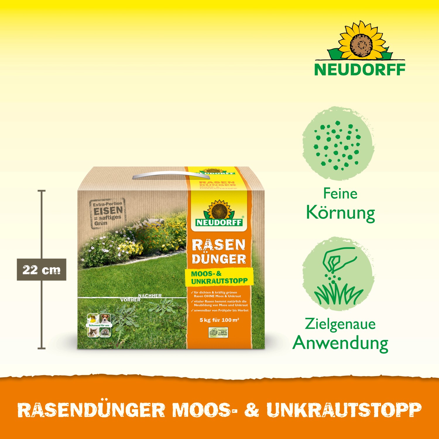 Neudorff Rasendünger Moos- und Unkrautstopp, 5 kg Packung. Für dichten, grünen Rasen ohne Moos.