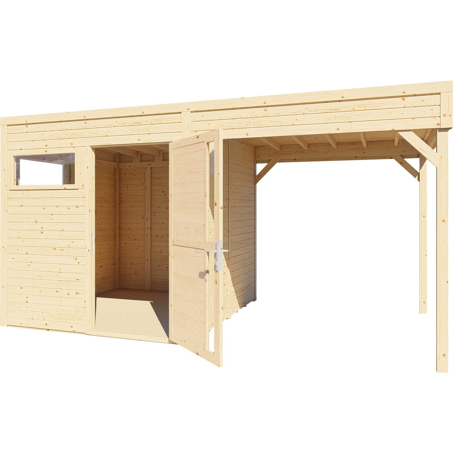 Bertilo Holz-Gartenhaus Cubus 2 Lounge aus FSC®-zertifiziertem Holz mit offenstehender Doppeltür.