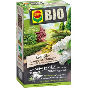 Packung Compo Bio Gehölz Langzeit-Dünger 2 kg für Koniferen, Hecken und Sträucher.